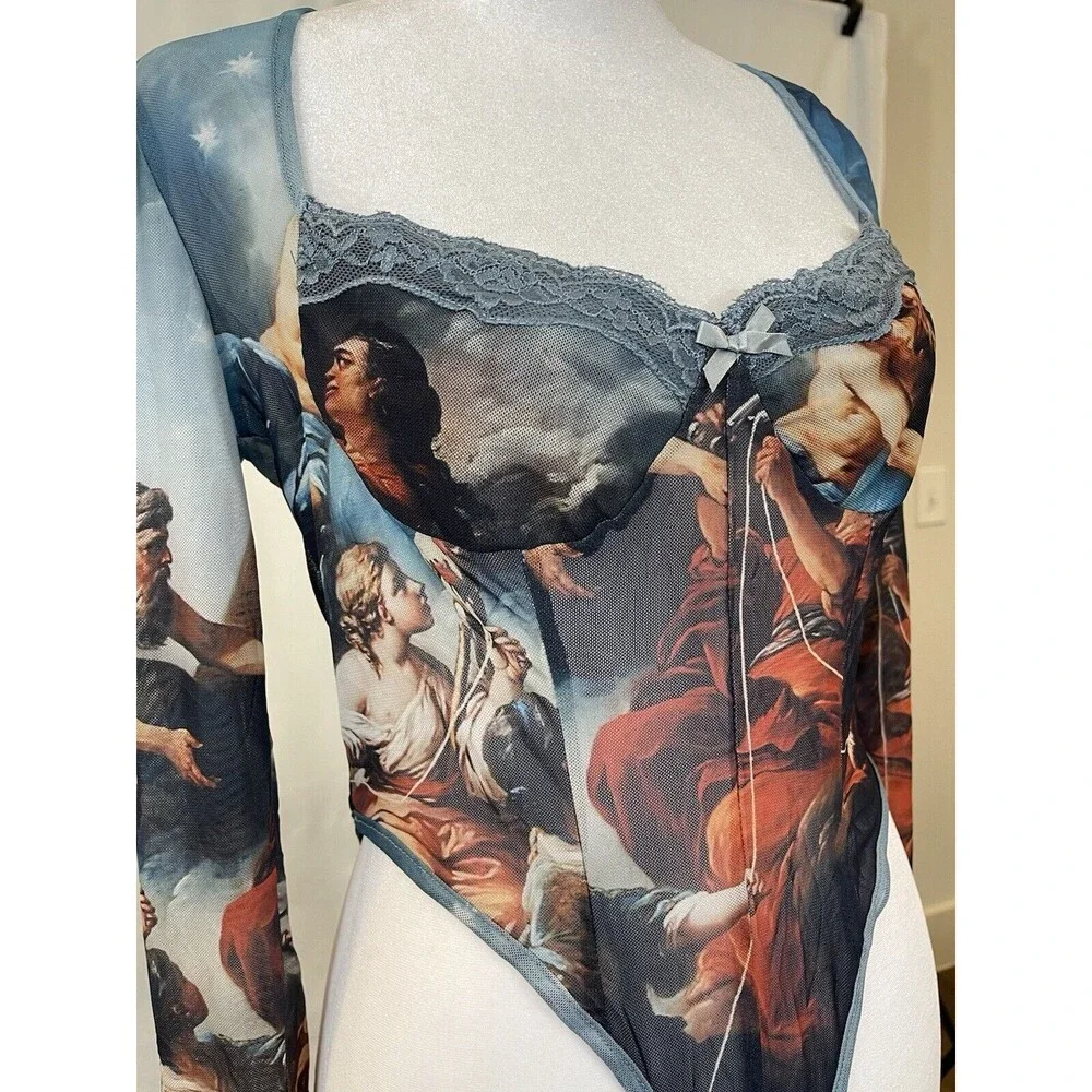 Art To Wear Womens M L Abstract mesh long sleeve lace bodysuit Y2K Whimsigoth - Picture 6 of 16